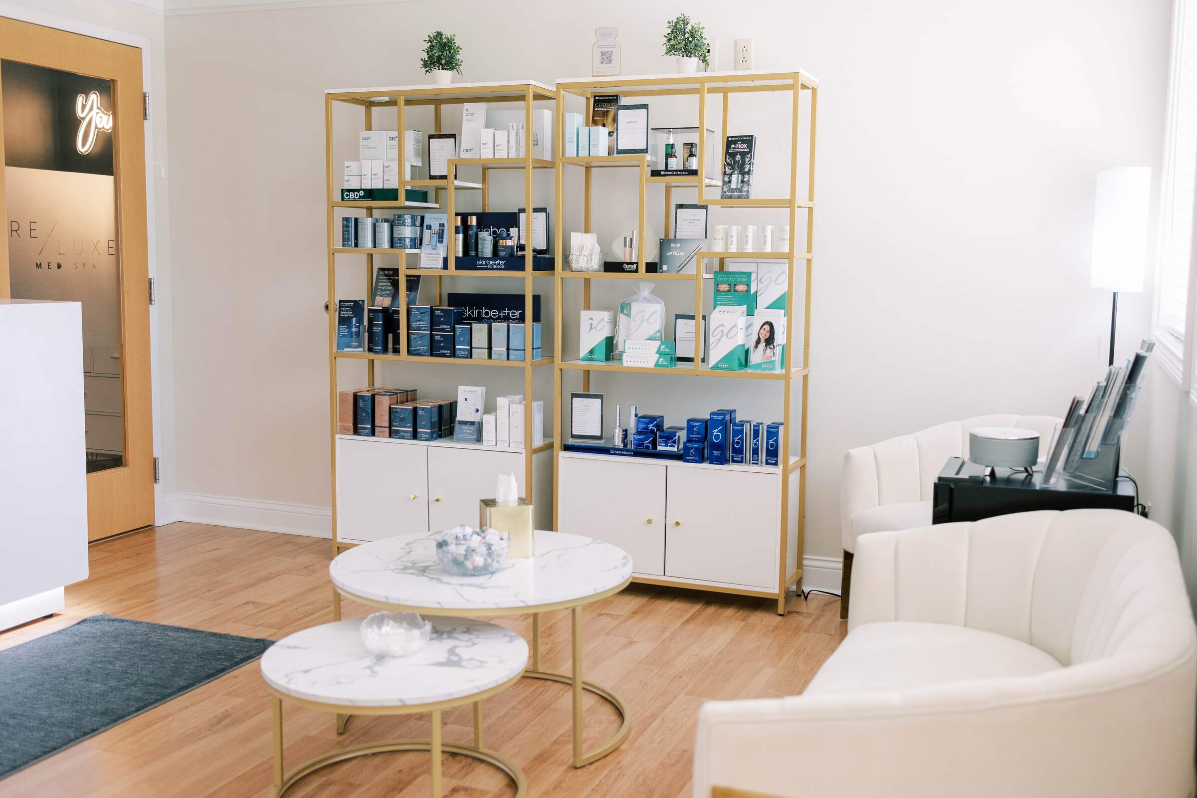The retail lounge and waiting area at RELUXE Med Spa Westfield