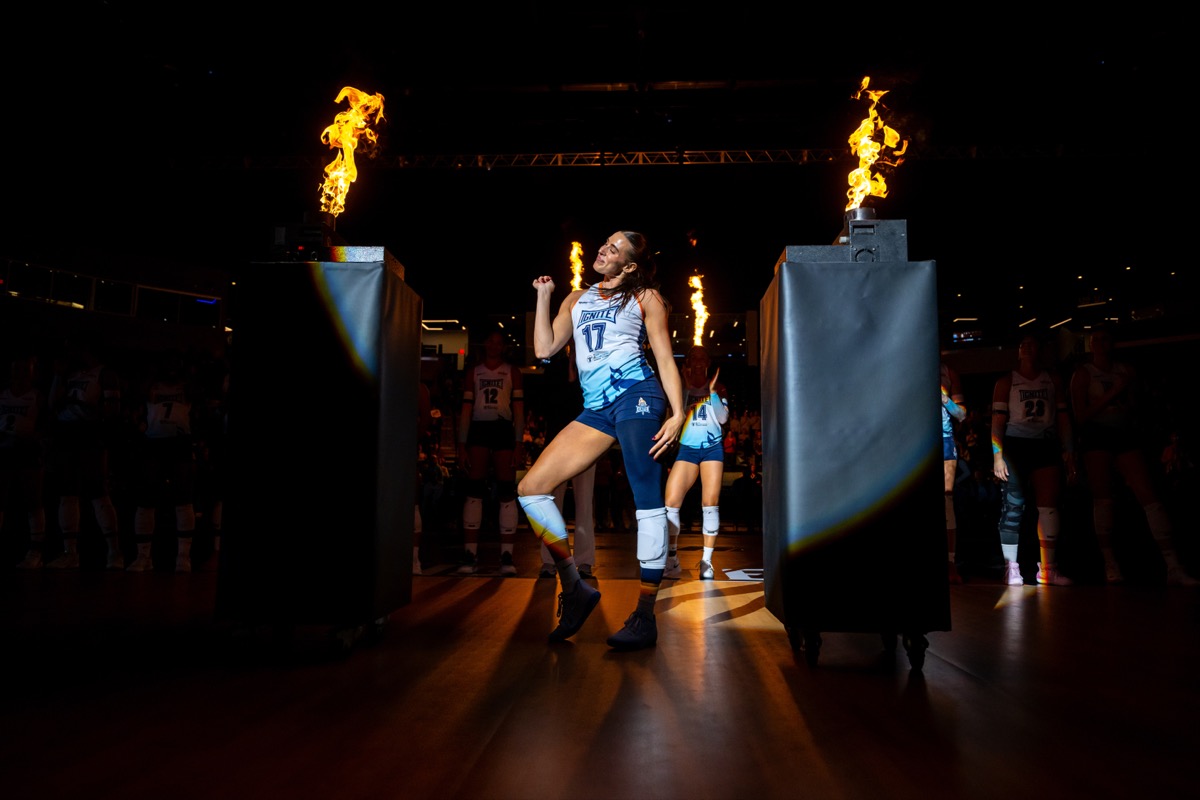 Blake running through fire entrance at Indy Ignite vs Omaha